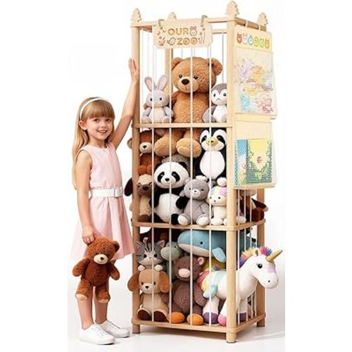 Stuffed Animal Storage - Large Capacity Wooden Toy Storage Organizer with 1 Removable Hanging Storage Net, Space Saving Design for Kids' Rooms, Bedroom, Playroom or Nurseries, Natural