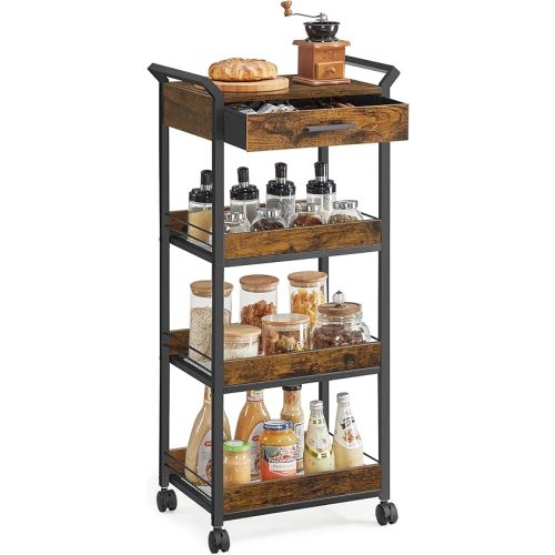 VASAGLE Storage Cart, 4-Tier Rolling Utility Cart with Table Top, Handles, 4 Lockable Casters, Top Drawer, Mesh Shelves, for Kitchen, Bathroom, Bedroom, Rustic Brown and Ink Black ULRC049K01