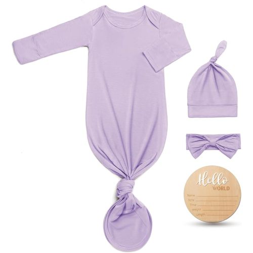 Hello World Newborn Outfit Knotted Gown 0-3 Months, Baby Girl Boy Coming Home Sleeper with Sign