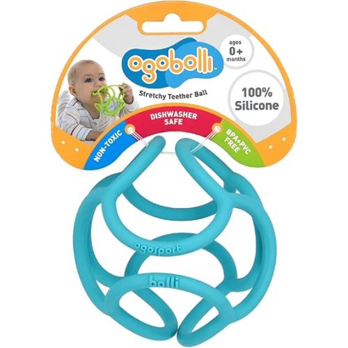 OgoBolli Teether Ring Tactile Sensory Ball Toy for Babies & Toddlers - Stretchy, Squishy, Soft, Non-Toxic Silicone - Boys and Girls Age 6+ Months - Blue