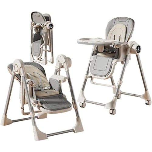 2-in-1 Baby High Chair with Swing Mode, Foldable Multi-Level Adjustable Feeding Chair with 2-Tier Split Tray, PP Material with Wheels (E-Grey)