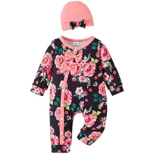 Mioglrie Newborn Baby Girl Clothes Long Sleeve Romper Infant Fall Winter Outfits Floral Hat Jumpsuit Preemie Girl Clothes