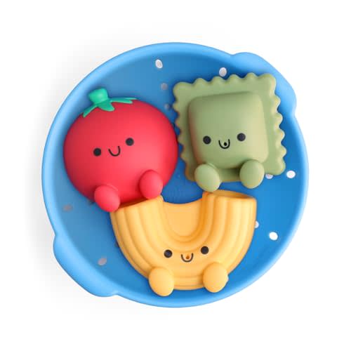 Itzy Ritzy Bath Squirter Toys – Set of 3 Textured, Pasta-Shaped Bath Toys & 1 Sprinkle Strainer – Itzy Splash Pals Promote Sensory Play, Cause & Effect, & Motor Skill Development – 6 Mos & Up (Pasta)