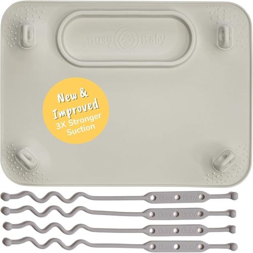 BUSY BABY Silicone Mat - New and Improved Suction Cups, 4 Straps to Secure Baby Essentials, Self Feeding, Baby Led Weaning, Travel Sleeve Included (Tan)