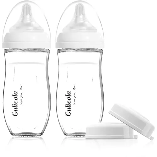 Gulicola Natural Glass Baby Bottle for Breastfed Babies, Anti-Colic Baby Bottle Set with Medium Flow Nipple, 3 Months +, 8 oz, 2 Pack - White