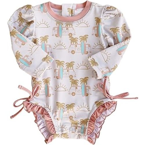 Caden Lane Baby and Toddler Girls Rash Guard Bathing Suit UPF 50+ Long Sleeve Rash Guard One Piece Swimsuit with Ruffles