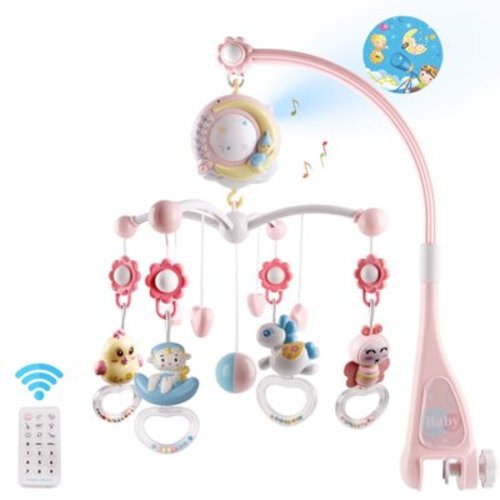 Baby Musical Crib Mobile with Projecter, TeqHome Crib Toys with Music and Lights, Hanging Rotating Baby Music Box with Remote Control,Timing Function,Toy Gift for Newborn 0-24 Months Pink
