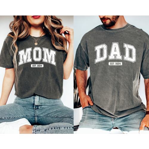 Custom Comfort Colors® Mom And Dad Shirts, Gift For New Mama Shirt, Pregnancy Announcement Shirts, Couple Matching Shirt, Dad With Est. Date