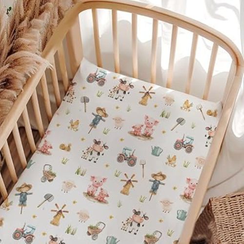 Farm Animals Baby Fitted Crib Sheet for Infant Toddlers, Unisex Farmhouse Crib Mattress Sheet for Baby Boys Girls, Farm Cows Pigs Crib Sheets for Nursery Decor, Farm Prints Baby Sheets for Crib-28*52