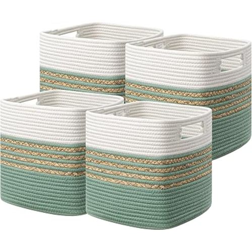 UBBCARE Set of 4 Storage Cubes 13 X 13 X 13 in, Water Hyacinth Storage Bins for Shelves, Toys, Book, Storage Baskets with Handles, Cotton Rope Woven Baskets for Organizing, Green