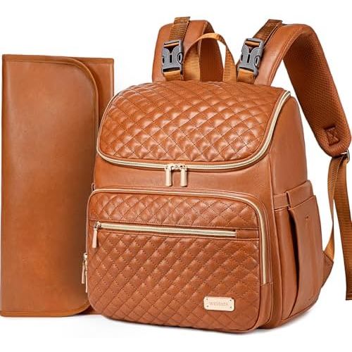 Weitars Diaper Bag Backpack Leather Baby Diaper Bag with Changing Pad Travel Diaper Backpack,Baby Bag for Mom,Stroller Straps,5 Insulated Pockets (Brown Leather)