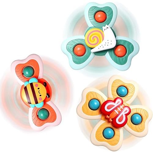 Suction Toys for Baby, 3 Pcs Suction Cup Toys for Babies, Suction Spinner Toys for Babies, Spinning Toys for Toddlers 1-3, High Chair Toys with Suction Cups, Birthday Gifts for Infants Boy Girl