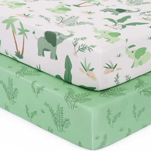 Yukkidds Baby Crib Sheets for Boys Girls Fitted Toddler Bed Sheets for Standard Crib and Toddler Mattress 52''x28'' Ultra Soft and Breathable 2 Pack Green Elephant
