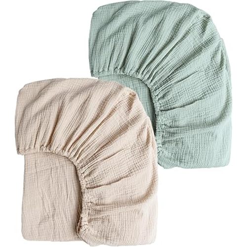 Konssy Muslin Crib Sheets for Girl Boy, 2 PCS Soft and Breathable Cotton Baby Sheets for Standard Crib Mattress, 52"x 28" (Green, Cream)