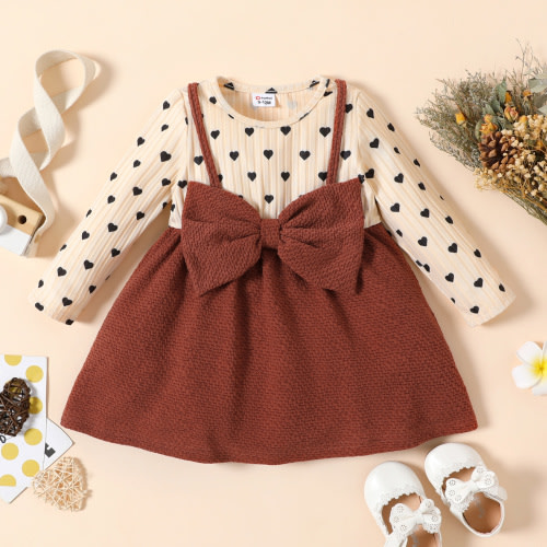 PatPat Baby Girl Love Heart Print Sling Bowknot Splicing Dress,Infant Long Sleeve Fall Outfit Suspender Midi Dress Casual A-Line Party Birthday Valentine's Day Newborn Skirt Spring Clothes,3-24Month