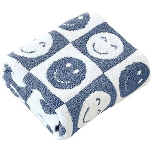 Ultra Soft Cozy Happy Smiling Face Checkered Knitted Baby Blanket Fluffy Microfiber Checkerboard Bed Blanket Lightweight Both Sides Blanket for Couch Sofa Bed (Smile Blue, Baby 30"x40")