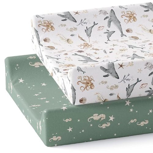 Baby Changing Pad Cover 2-Pack (Ocean Odyssey) - Premium Fitted Sheets Changing Table Cover - Buttery Soft Cotton Blend - Diaper Changing Pad Cover - Changing Pad Sheets