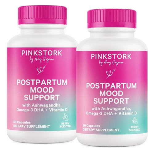 Pink Stork Postpartum Mood Support - Postnatal Hormone Balance for Women - Breastfeeding Friendly - Stress & Cognitive Support, New Mom Essentials - Ashwagandha, Chamomile, & Vitamin D, 120 Capsules