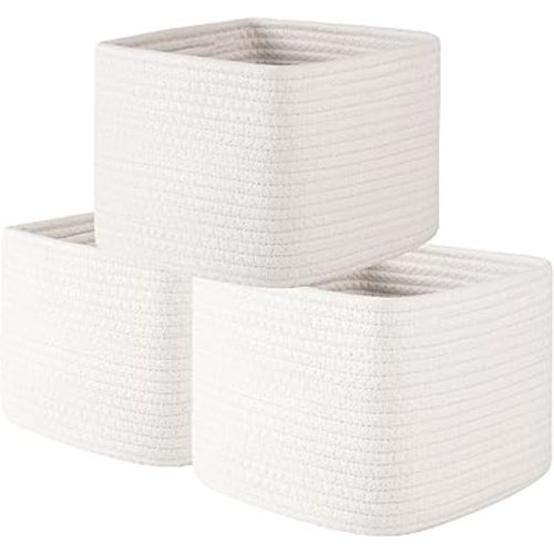 OIAHOMY 9”x9”x7” Storage Cubes, Cotton Rope Woven Baskets for Organizing, Cube Storage Bin, Small Gift Basket for Shelf, 3-Pack, White