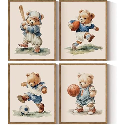 InSimSea 4 pcs Framed Canvas Art, Cute Sports Bears Watercolor Art Prints, Funny Playful Wall Pictures Decor for Kids Room Bedroom Playroom Nursery,11x14in,set of 4, Neutral Maximalist Decor