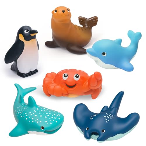 6-Pcs Ocean Animal Bath Toys for Toddlers 6M+, No Hole Mold Free Bathtub Toys, Whale Shark Dolphin Penguin Sea Animal Set for Baby Bath Time or Pool Water Play