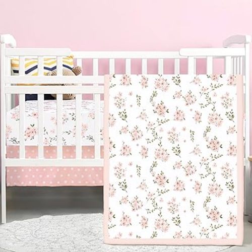 3 Pcs Pink Floral Baby Crib Bedding Set for Girls, Flower Baby Crib Sets for Newborn, Infant Toddler Nursery Bed Set Decor with Fitted Sheet, Dust Ruffle, Comforter
