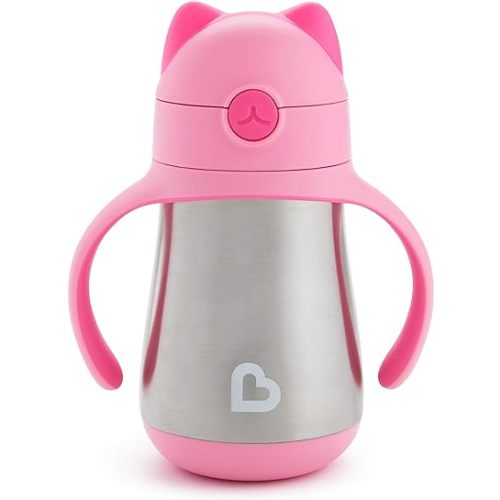 Munchkin Cool Cat Sippy Cup for Toddlers, Stainless Steel Straw Cup, 8 Ounce, Pink