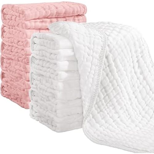 Looxii Muslin Burp Cloths 100% Cotton Muslin Cloths 12 Pack Large 20''x10'' Extra Soft and Absorbent Baby Burping Cloth for Boys and Girls (White+Pink)