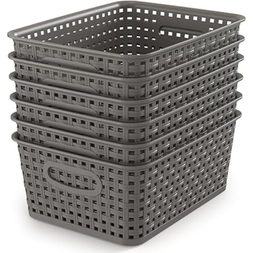 WYT Weave Storage Organizer Baskets, Grey 6-Pack Plastic Woven Baskets, 10.1" x 7.55" x 4.1"