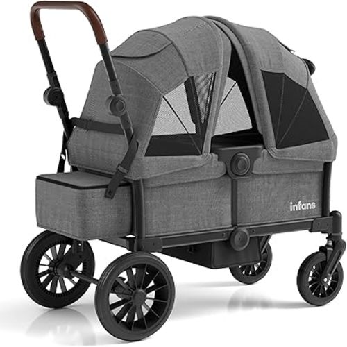 INFANS Wagon Stroller for 2 Kids, Collapsible Adjustable Push Pull Handle Bar, 2 Seater Stroller Wagon with Removable Canopy Snack Tray, Comfortable Drop-Down footwell and Upholstered Seats (Grey)