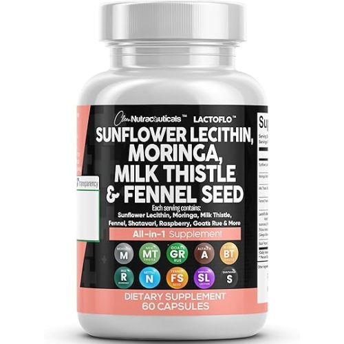 Clean Nutraceuticals Sunflower Lecithin 6000mg Lactation Supplement with Moringa 25000mg Milk Thistle 2000mg Fennel Seed 2000mg Plus Goats Rue, Shatavari, Alfalfa, & Nettle For Breastfeeding USA 60 Ct