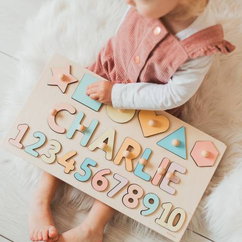 Math Name Puzzle, Numbers and Geometric Shapes, Personalized Puzzle With Pegs at Extra Charge, Montessori Puzzles For Toddlers, Name Sign