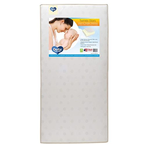 Delta Children Twinkle Stars Fiber Core Crib & Toddler Mattress with 100% Cotton Fitted Crib Sheet | Waterproof | Lightweight | GREENGUARD Gold Certified (Natural/Non-Toxic) | 7 Year Warranty - Twinkle Stars Mattress + Sheet