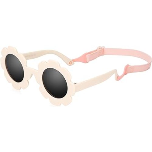 Baby Sunglasses with Strap, Cute Flower Polarized Sunglasses UV400 Protection for Infant Baby Girl Age 0-24 Months
