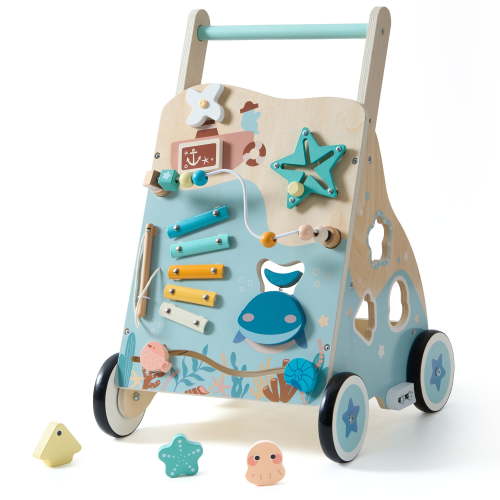 Robud Wooden Baby Push Walker, Ocean-Themed Wooden Baby Walker with Wheels, Sit-to-Stand Activity Center, Push Toy for Toddlers, for Boys and Girls