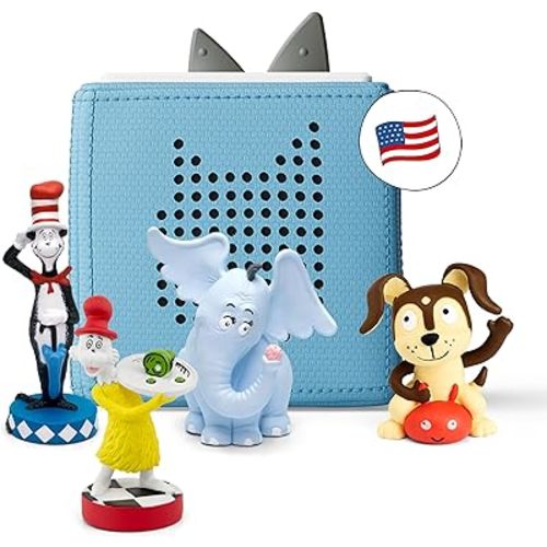 Toniebox Audio Starter Set with Cat in The Hat, Sam-l-Am, Horton Hears a Who!, and Playtime Puppy - Listen, Learn, and Play with One Huggable Little Box - Light Blue