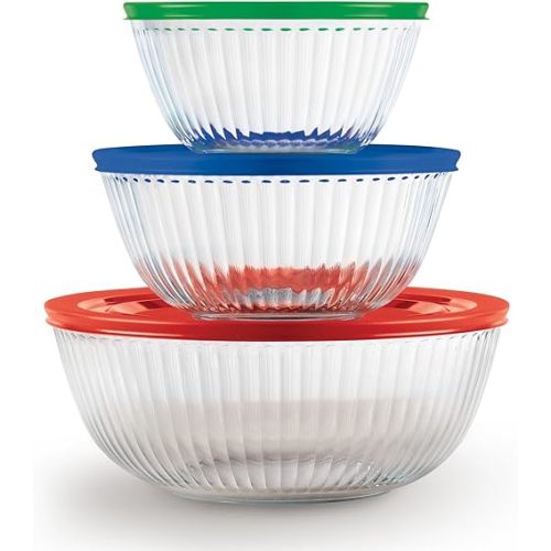 Pyrex Sculpted 3-Pack Glass Mixing Bowls (1.3 QT, 2.3 QT, 4.5 QT) with BPA-Free Lids, Prepping and Baking Food Storage Set, Dishwasher, Microwave and Freezer Safe