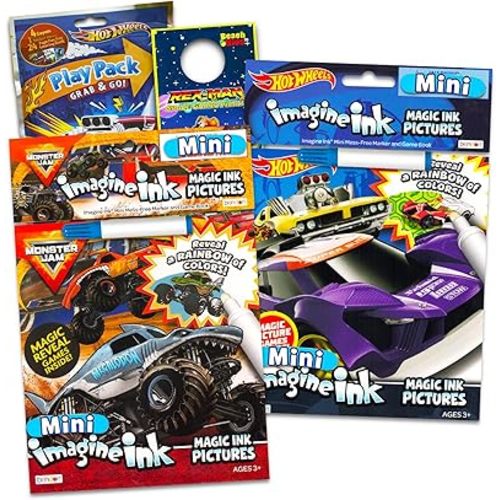 Monster Jam and Hot Wheels Magic Ink Coloring Book Set Kids Toddlers - Bundle with 2 Imagine Ink Coloring Books with Invisible Ink Pens, Racecar Stickers and Door Hanger