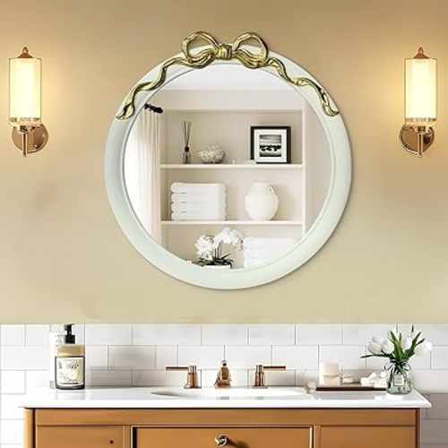 28x28 inch Bow Mirrors for Wall, Round/Circle God and White Decorative Wall Mounted Mirror, Irregular Mirrors Suitable for Bedroom, Hallway, Living Room Decoration, Bathroom Sink