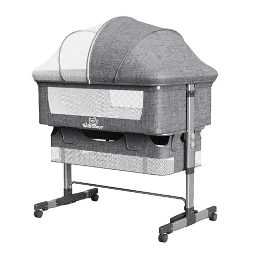 FHUKMZOI Baby Bassinets Bedside Sleeper, 3 in 1 Baby Bassinet, Adjustable Easy Folding Portable Bed, with Mosquito Nets, Large Storage Bag, Comfortable Mattresses, for Infant/Baby/Newborn (Gray)
