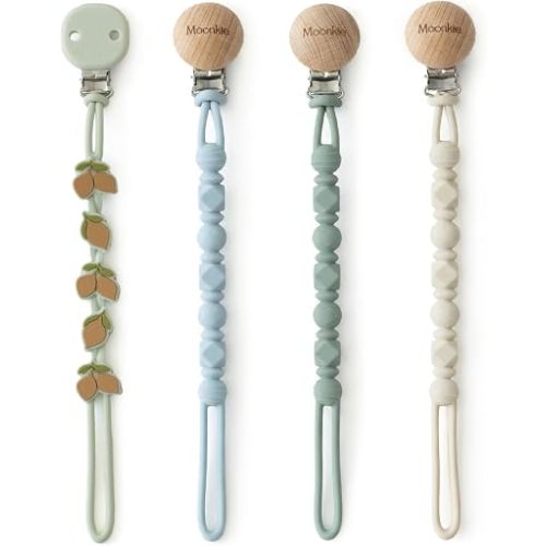 Moonkie Silicone Pacifier Clips for Baby – Durable One-Piece Binky Holder, Mixed Styles Paci Clips, Baby Essentials for Newborn Boys & Girls - 4 Pack (Lemon Lane)