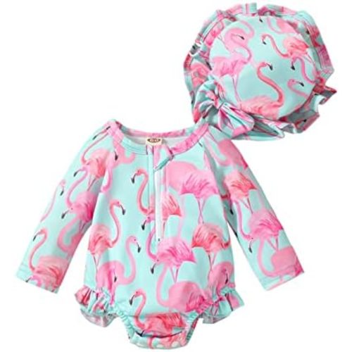 Baby Girls Swimsuit Long Sleeve Zipper Bathing Suit One Piece Swimwear with Hat