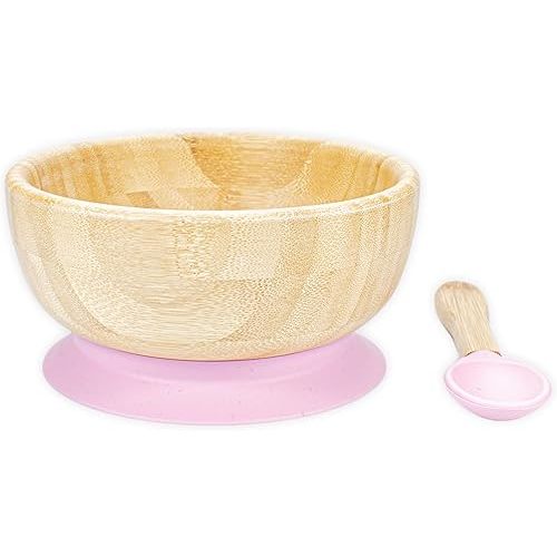 Baby Bamboo wooden Bowl and Spoon Feeding Set Removable Silicone Suction Cup for Kids / 12oz / Non-Toxic/Ideal for Baby-Led Weaning (Pink), Small