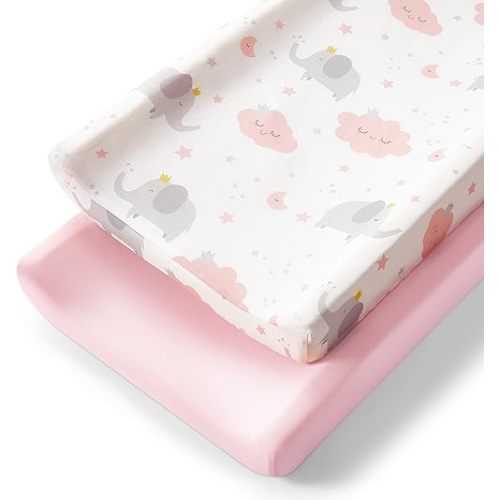 TILLYOU Changing Pad Cover Set in Soft Jersey Material - Fits 32"/34''x16 Contoured Pad for Babies,Elephant & Cloud, Pink