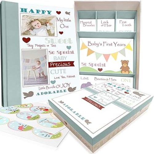 Baby Memory Book for Baby Boy or Girl, First 5 Years Baby Book Keepsake, Gender Neutral Baby Keepsake Box, Baby Gift, Baby Scrapbook, Memory Book Journal, 30 Baby Monthly Milestone Stickers Included