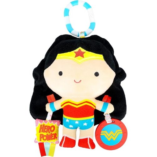 KIDS PREFERRED DC Comics Wonder Woman Multi Sensory Activity Toy with Teethers, Crinkle Textures, and Clip for On The Go Fun for Infant and Baby Boys and Girls Medium