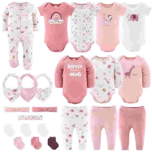 The Peanutshell Layette Gift Set for Baby Girls, 23 Essential Pieces, Pink Rainbow Safari Animals, 3-6 Months