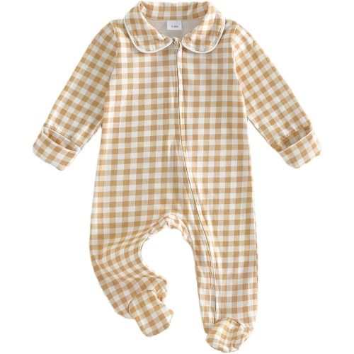 khaki 0-3 Newborn Baby Boy Girl Gingham Footed Romper Plaid Print Peter Pan Collar Long Sleeve Jumpsuit Coming Home Outfit
