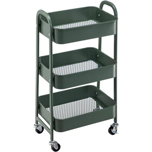 AGTEK Makeup Cart, Movable Rolling Organizer Cart, 3 Tier Metal Utility Cart, Green Storage Cart