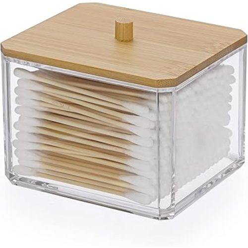 Hipiwe Acrylic Q-Tip Holder Dispenser with Lid Clear Plastic Bathroom Canisters Square Apothecary Jar Set Cotton Swab and Ball Storage Organizer for Cotton Round Pads, Floss